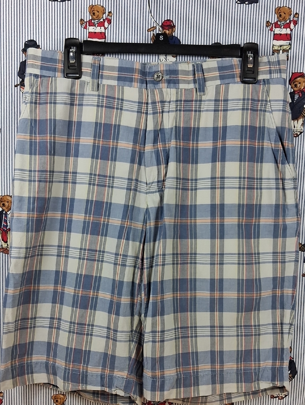 Polo Ralph Lauren Flat Front Back Buckles Blue & White Casual Plaid Sz 32 Shorts